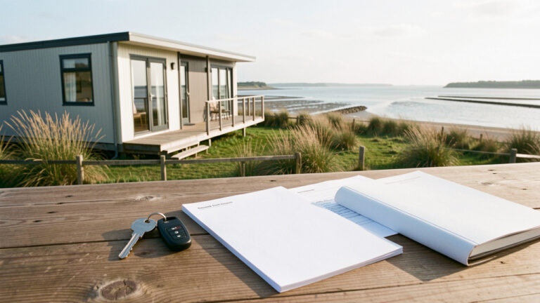 Mobil-home moderne face à la baie de Somme, avec une clé et des documents vierges posés sur une table en bois.