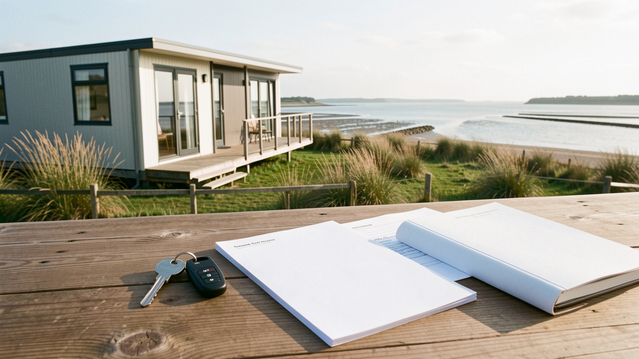 Mobil-home moderne face à la baie de Somme, avec une clé et des documents vierges posés sur une table en bois.