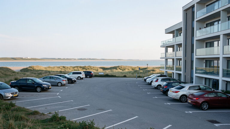 Parking aménagé près d’un immeuble résidentiel moderne dans le paysage côtier de la baie de Somme.