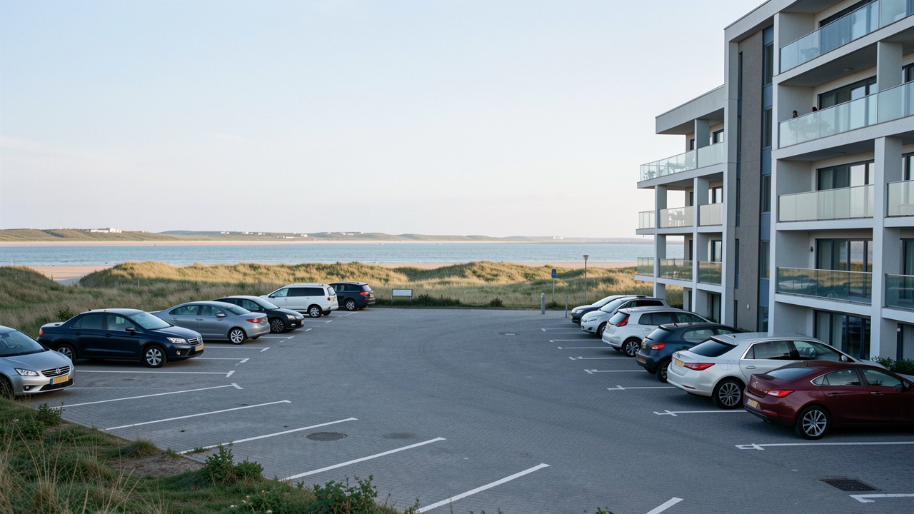 Parking aménagé près d’un immeuble résidentiel moderne dans le paysage côtier de la baie de Somme.