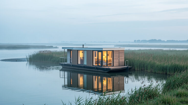 Péniche aménagée en habitat flottant, amarrée dans les eaux calmes de la baie de Somme au lever du jour.