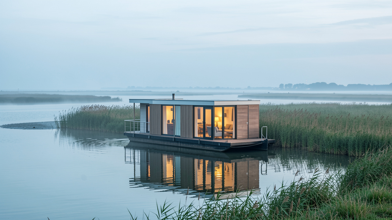 Péniche aménagée en habitat flottant, amarrée dans les eaux calmes de la baie de Somme au lever du jour.