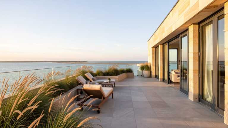 Penthouse de standing avec terrasse élégante offrant une vue panoramique sur la baie de Somme au coucher du soleil.
