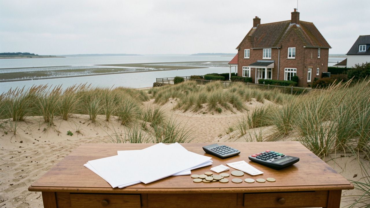 Maison côtière en Baie de Somme avec des documents vierges, une calculatrice et des pièces évoquant l’évaluation immobilière et les abattements fiscaux.