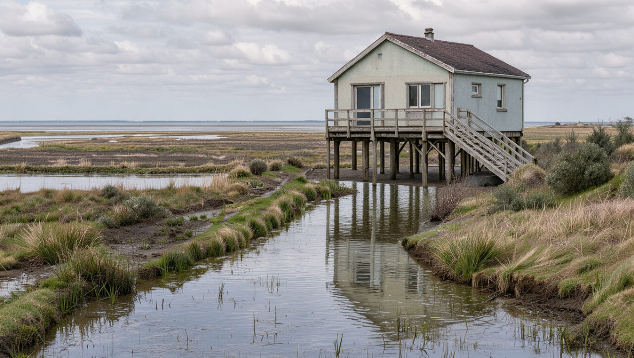 Maison surélevée au bord des zones humides de la baie de Somme, avec canaux de drainage et digues illustrant les précautions liées au risque d’inondation.