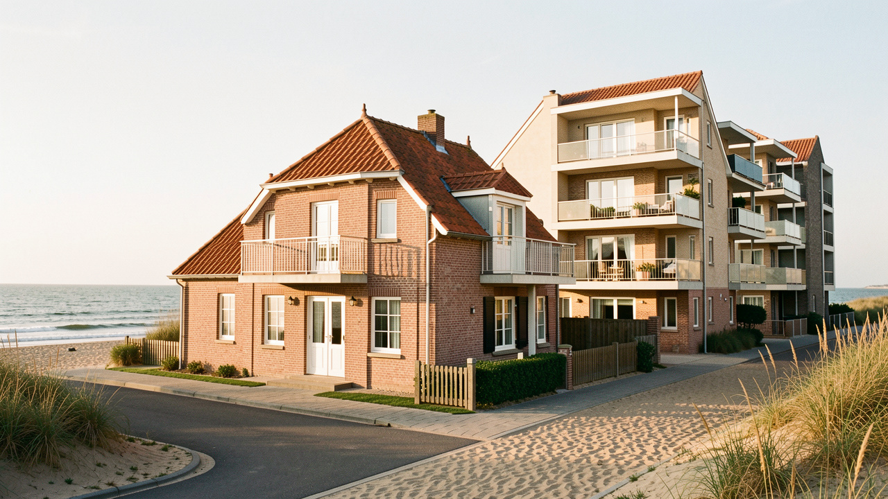 Maisons côtières et immeuble d’appartements au Crotoy, éclairés par une douce lumière d’après-midi près de la baie.