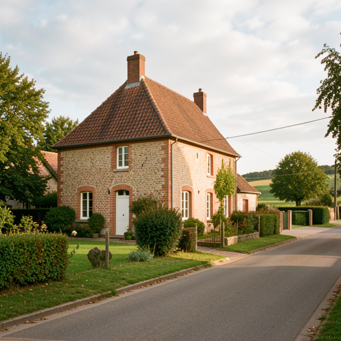 Maison traditionnelle en brique et pierre à Crécy-en-Ponthieu, entourée d’un jardin fleuri et d’un paysage rural sous une lumière douce.