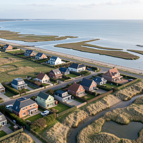 Vue aérienne de maisons côtières et de paysages naturels autour de la baie de Somme, illustrant la diversité et l’évolution du marché immobilier local.