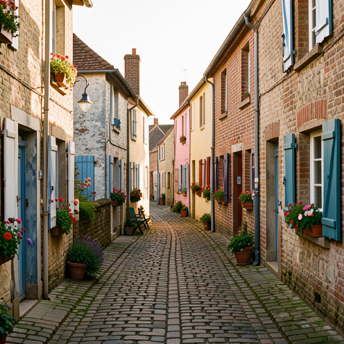 Vue du quartier historique du Courtgain à Saint-Valery-sur-Somme, avec ses ruelles pavées, ses cottages colorés et ses détails maritimes baignés par la lumière de fin d’après-midi.