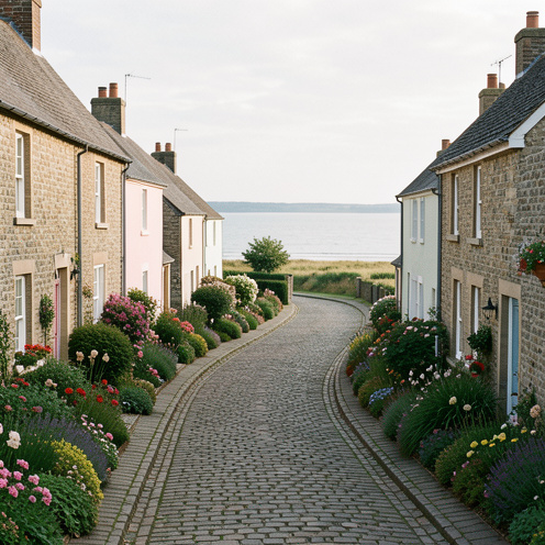 Rue résidentielle de Saint-Valery-sur-Somme bordée de maisons traditionnelles, de jardins fleuris et donnant vers la baie de Somme.