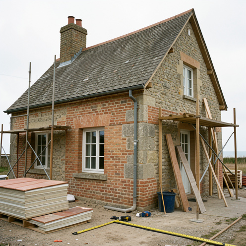 Maison côtière ancienne de la Baie de Somme en cours de rénovation, avec échafaudage, briques restaurées, matériaux isolants et outils devant la façade.