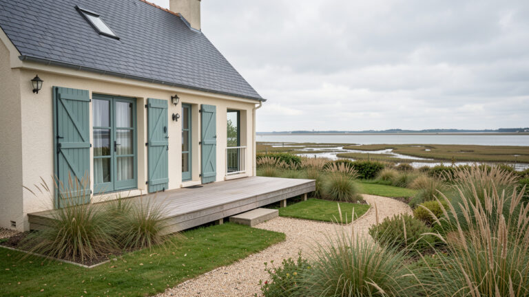Maison secondaire côtière dans la baie de Somme, avec jardin, fondations surélevées, chemin d’accès et paysages de marais soumis aux marées.