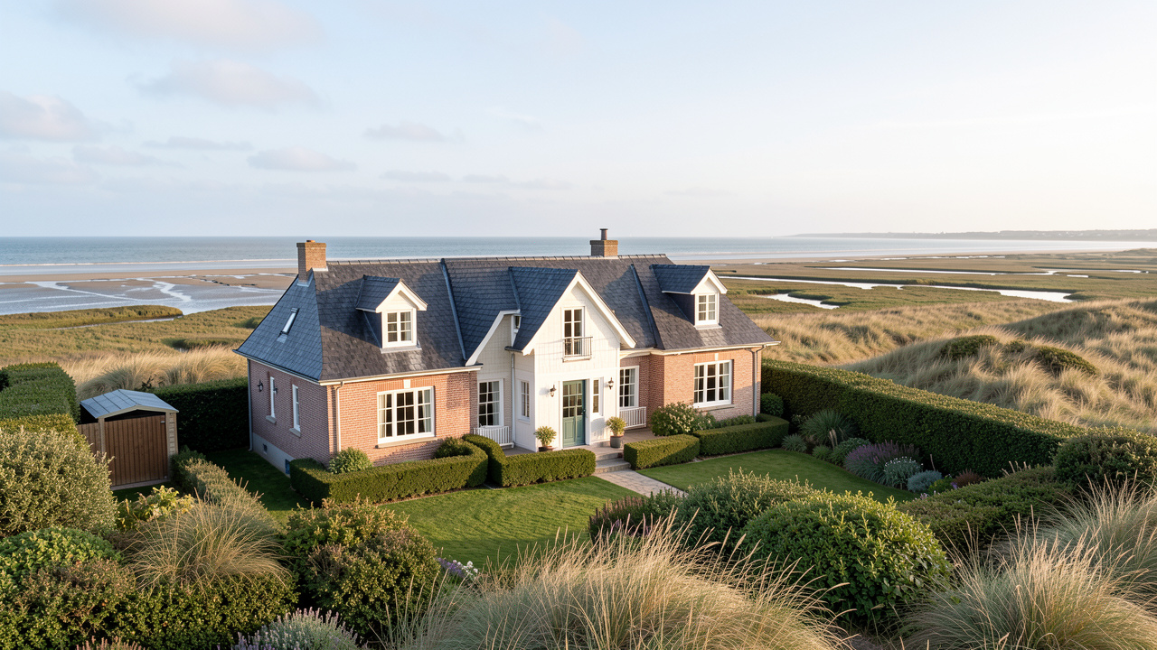 Maison secondaire bien entretenue avec jardin paysager donnant sur les paysages côtiers de la baie de Somme.