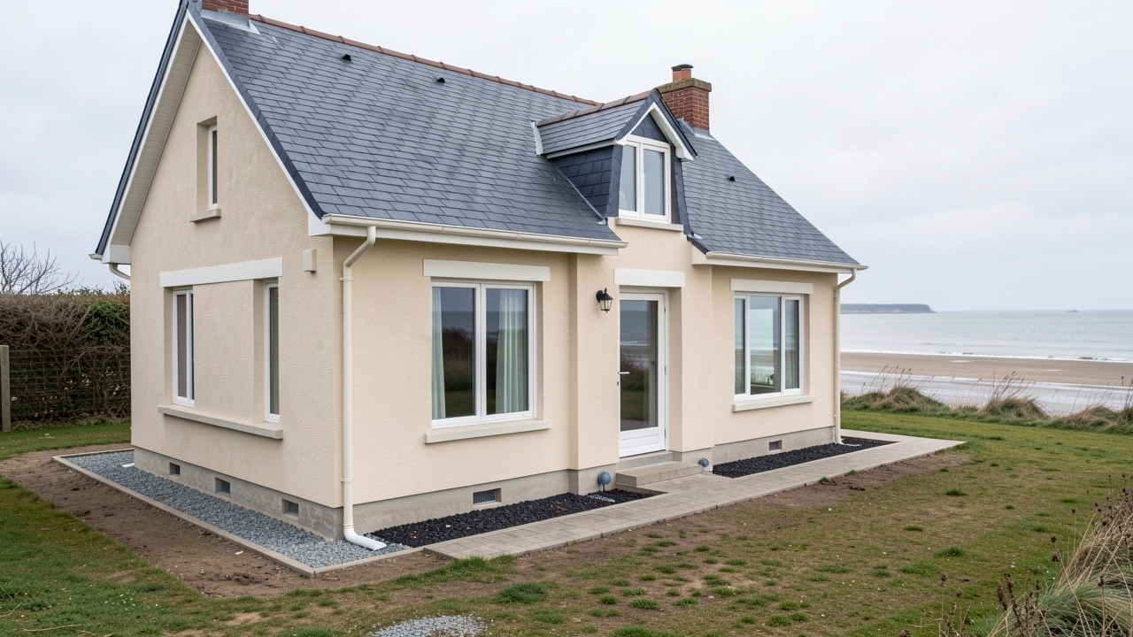 Maison secondaire côtière bien entretenue dans la baie de Somme, avec fondations visibles, toiture en bon état et paysage de marée en arrière-plan.