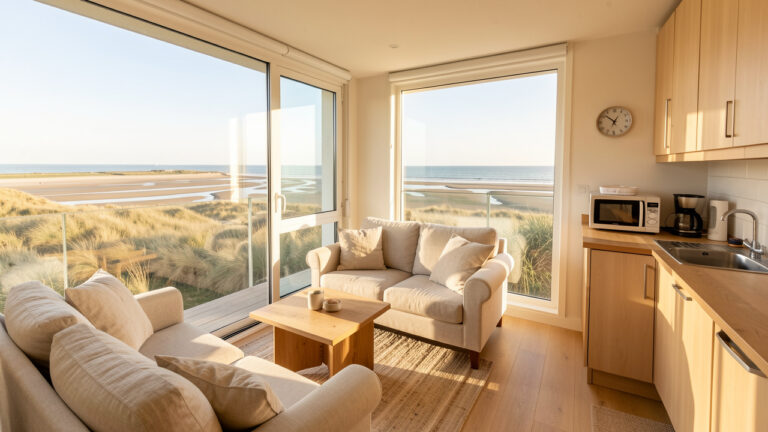 Studio lumineux avec vue sur les dunes et la baie de Somme, aménagé dans un style sobre et chaleureux.