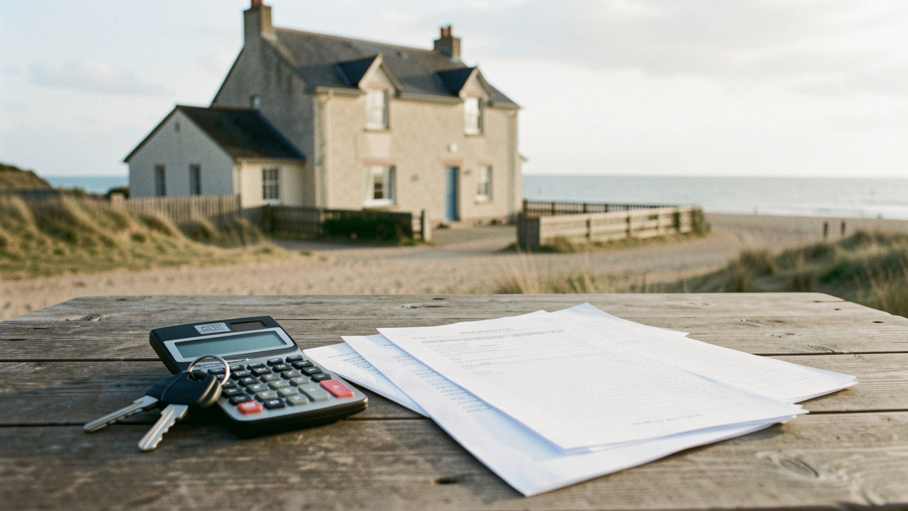 Maison côtière près de la baie de Somme avec des clés, une calculatrice et des documents vierges évoquant la préparation d’un achat immobilier.