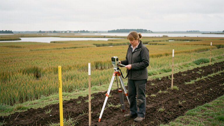 Une femme géomètre examine attentivement un terrain agricole fertile en baie de Somme à l’aide d’un instrument de mesure, avec des marais côtiers et l’estuaire en arrière-plan.