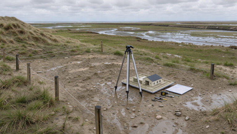 Terrain constructible en Baie de Somme bordé par des dunes, des zones humides et des ouvrages de protection, avec des piquets de délimitation et du matériel d’arpentage.