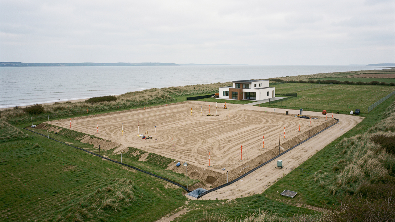 Terrain constructible délimité dans la baie de Somme, avec piquets d’arpentage, équipements de mesure et paysage côtier en arrière-plan.