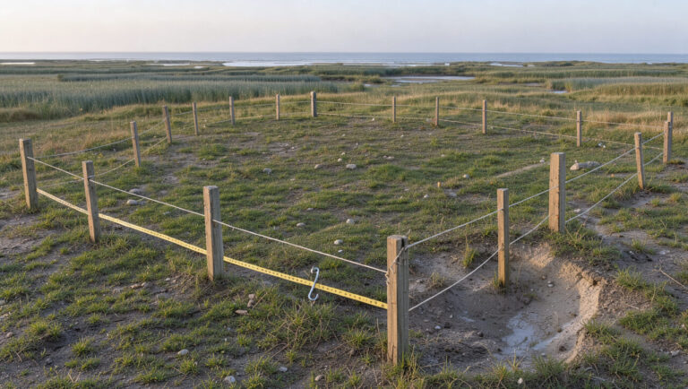 Terrain constructible délimité par des piquets de géomètre dans la baie de Somme, avec les paysages côtiers en arrière-plan.