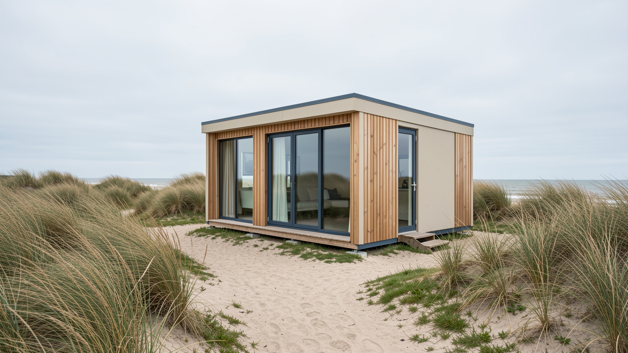 Petite maison compacte en bois installée dans un paysage de dunes et de graminées près de la Baie de Somme.
