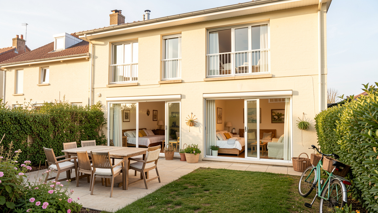 Triplex chaleureux de la Baie de Somme aménagé pour accueillir des familles et des groupes, avec terrasse, salon convivial et équipements de séjour.