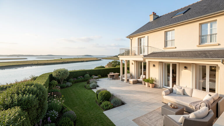 Villa côtière élégante surplombant la baie de Somme, avec terrasse, jardin paysager et intérieur lumineux évoquant un bon potentiel locatif.